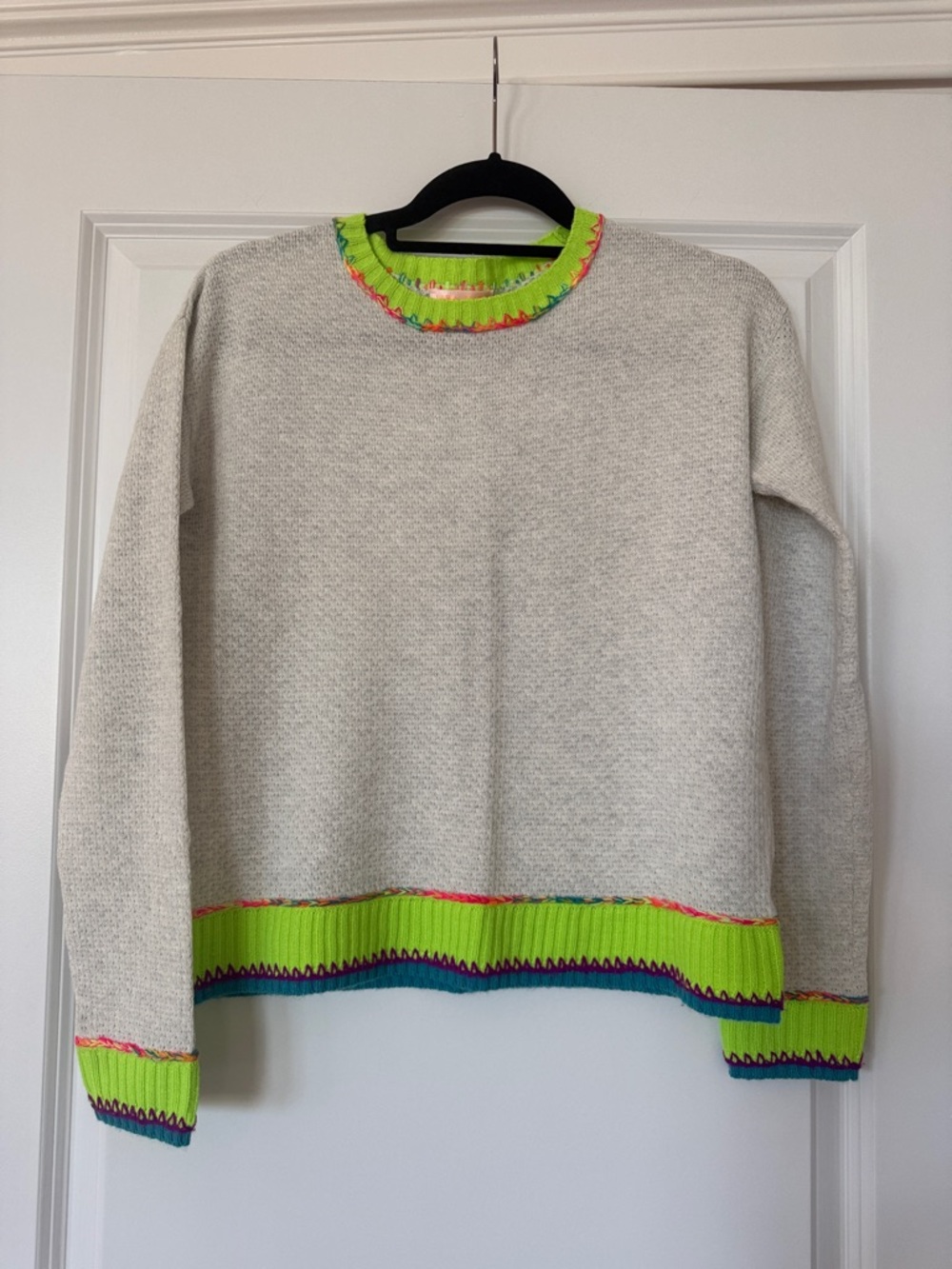 Lisa Todd Cream Crewneck Sweater with Neon Green Trim
